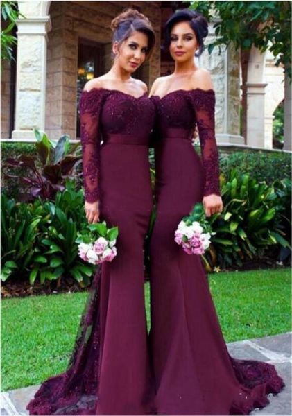 

2020 lace appliques off the shoulder maid of honor gowns custom made formal evening dresses burgundy long sleeves mermaid bridesma3415520, White;pink