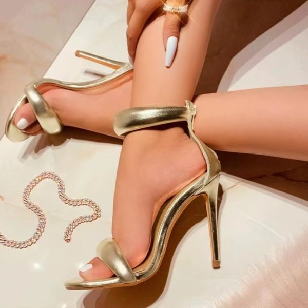 

sandals women 2023 concise style one-strap sandals for girls women stiletto heel back zip cover heels summer sandalias gold, Black