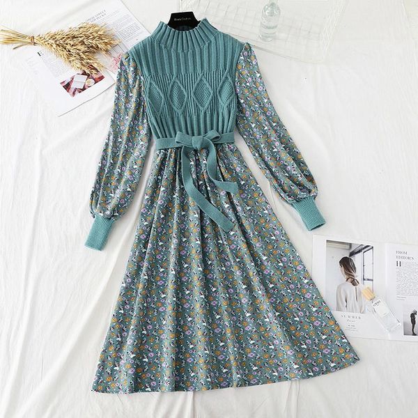 

dresses autumn sweater dresses for women winter splicing pullover bow belt slim knitting sweet corduroy floral print midi dress vestidos, Black;gray