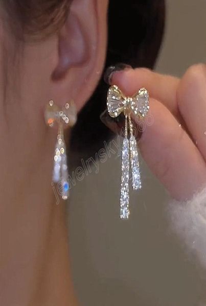 

exquisite shiny crystal bowknot pendant dangle earring for women fashion bow knot tassel earrings party jewelry accessories gifts2745895, Silver