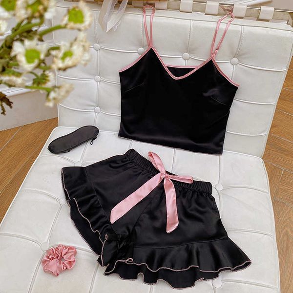 

pyjamas silk women's summer pajama set sleeveless 2 pcs with shorts ladies sleepwear solid satin thin home clothes for female j230601, Red;black