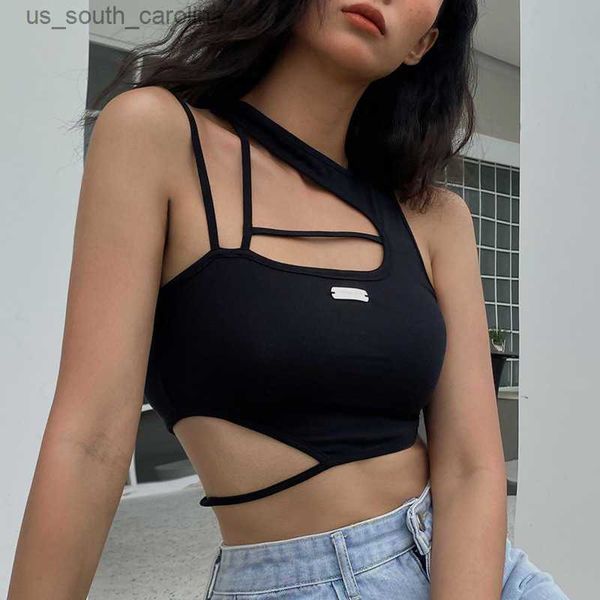 

camis women's t-shirt women hollow out black blouses sleeveless skinny cool punk t shirts techwear summer new tank y2k clothes z0316 l, White