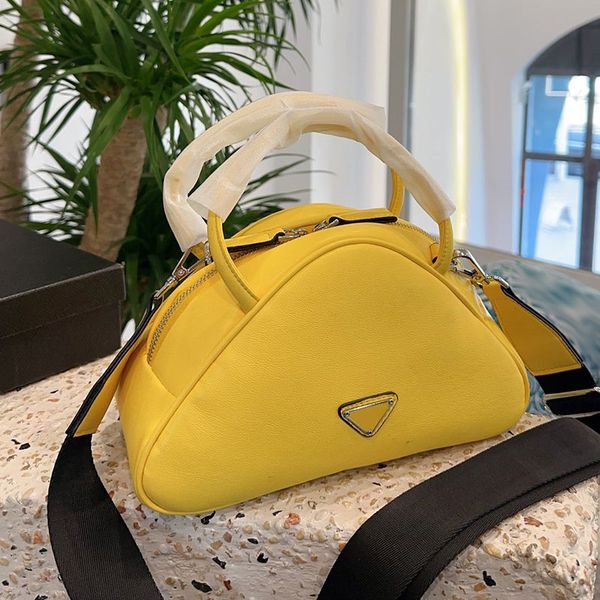 

women triangle shaped bag designer tote with handle real leather removable wide nylon strap enameled metal 5 colors shoulder handbag zipper