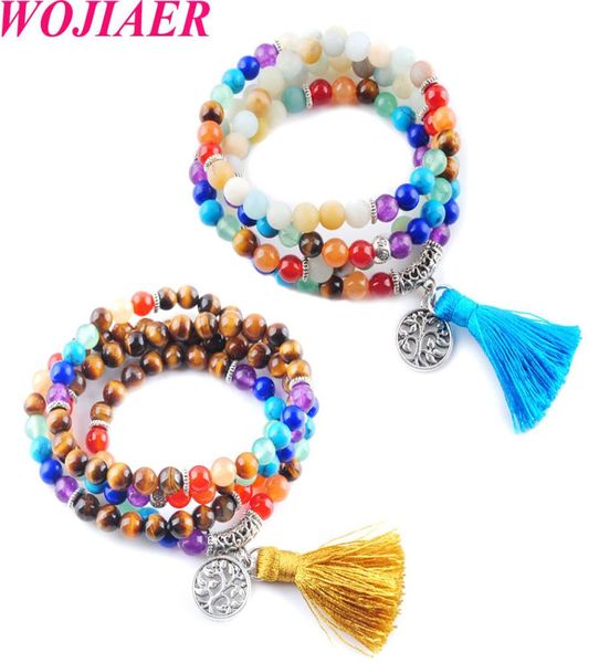 

wojiaer 108 meditation multilayer long strands bracelets 7 chakra yoga natural round mala beads life tree tassel jewelry dbk3235604610, Black