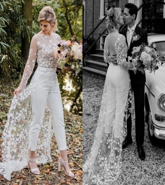 

open back pant suit wedding party bride gowns 2022 applique lace long sleeves bridal wedding dresses b0603g077584660, White