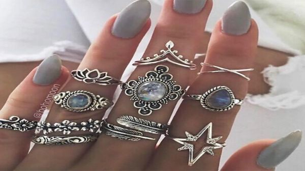 

ancient silver diamond leaf star crown stacking rings midi knuckle ring jewelry set women ring fashion will and sandy gift6155641, Golden;silver
