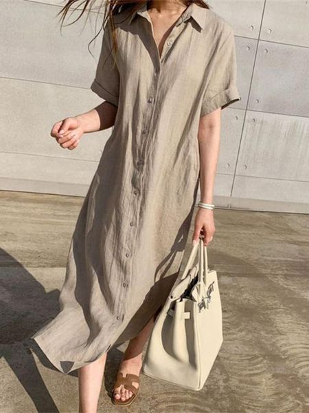 

dresses 2023 summer dress new fashion korean version streetwear women simple loose lapels tie waist short sleeve shirt dress long skirt, Black;gray