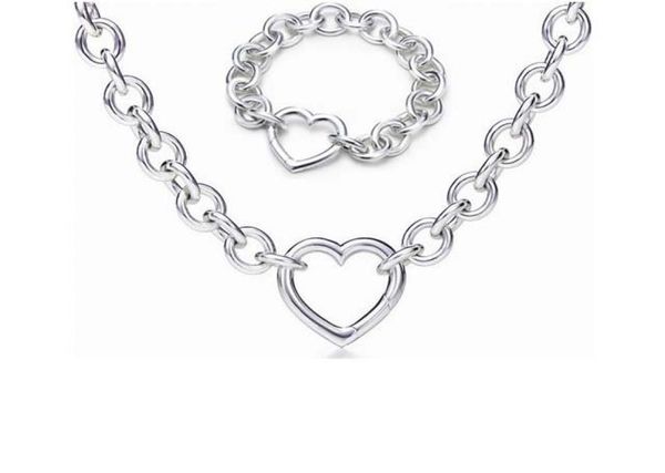 

2019 new silver thick chain with silver heart ring pendant necklaces and bracelet women necklaces bracelet suit3003203