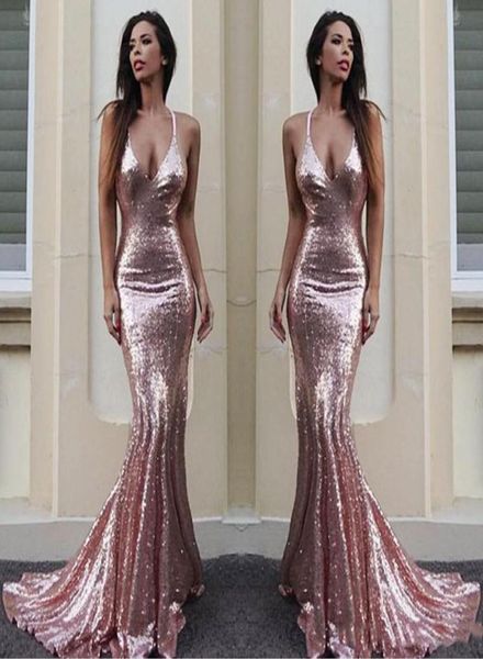 

rose gold mermaid bridesmaid dresses for wedding simple sequined halter maid of honor gowns custom made long bridesmaid3594658, White;pink