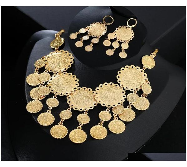 

new exquisite bridal wedding jewelry set gold color muslim coin necklace earring middle east arab jewelry gift yfks99211565, Slivery;golden