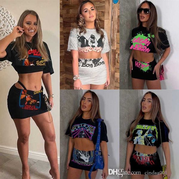 

designer womens tracksuits summer trendy letter printed exposed navel short vest high waist slim two piece skirt set, Gray