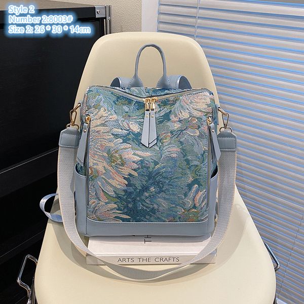 

Fashionable ladies shoulder bag 2 styles outdoor sports casual canvas backpack light wear-resistant printed handbag double zipper fashion backpacks wholesale, Sky blue