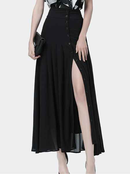 

dresses pleated skirts high waist aline chiffon skirt women 2023 vintage button slit long skirt for ladies, Black;gray