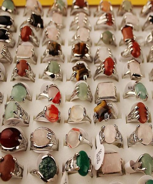 

fashion natural stone silver plated rings for women fashion bezel setting whole jewelry bulk ring lots 7886449, Golden;silver