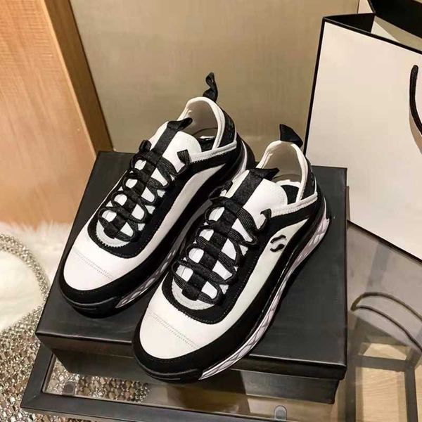 

designer channel shoes running shoes dad shoes new thick soled heightening small white shoes in spring muffin bottom front lace up sneakers, Black