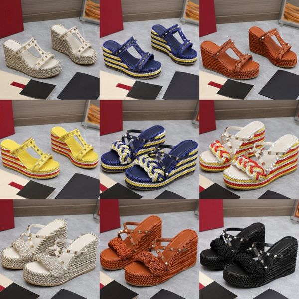 

riveted wedge slippers luxury women's designer sandals hemp rope woven platform shoes cross lace-up high heels comfortable beach shoes, Black