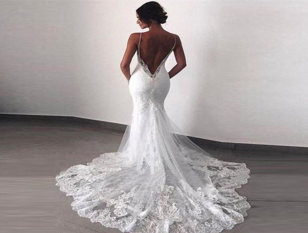 

charming white mermaid lace open back bridal wedding gowns spaghetti straps appliqued wedding dresses for bride 20222377711
