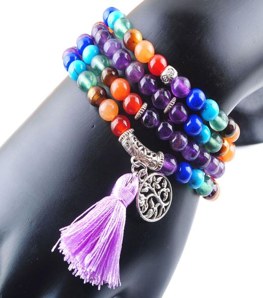

wojiaer 108 meditation multilayer long strands bracelets 7 chakra yoga natural round amethyst mala beads life tree tassel jewelry7585564, Black