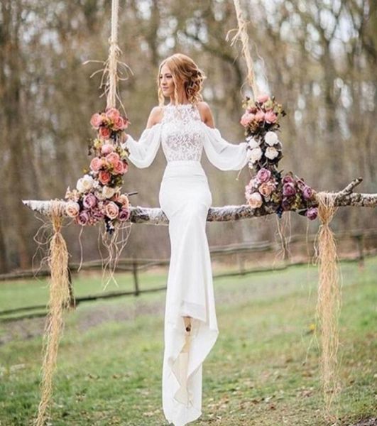 

said mahamad wedding gowns high neck lace appliques long sleeve chiffon beach wedding dresses bridal dresses arabic 2017 ba32291390980, White