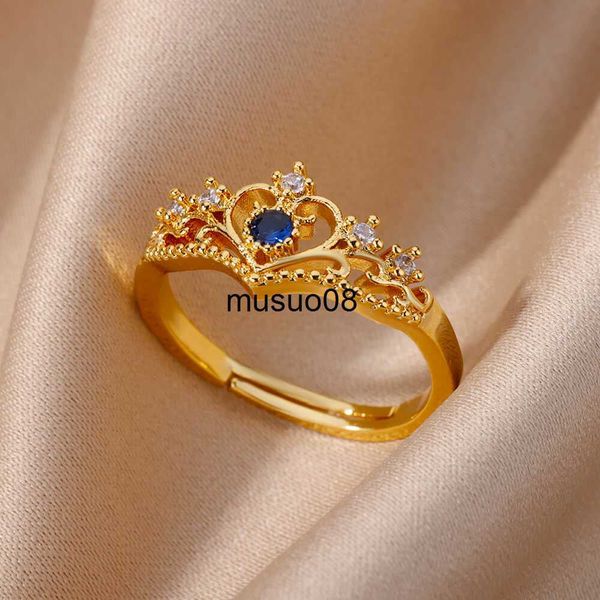 

band rings blue zircon crown rings for women stainless steel adjustable crown ring 2023 trend design female wedding jewerly j230602, Silver