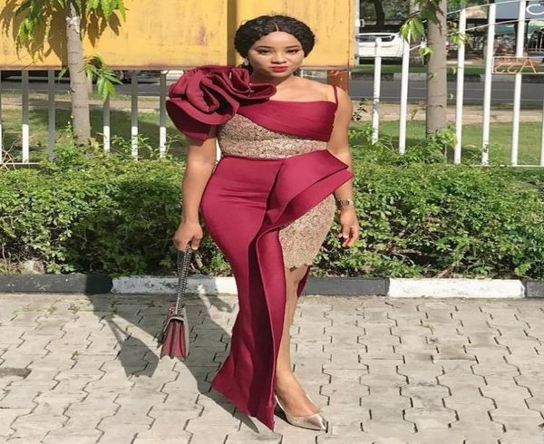 

african mermaid evening dresses one shoulder burgundy handmade flowers lace plus size prom dress high low women evening gowns1790194, Black;red