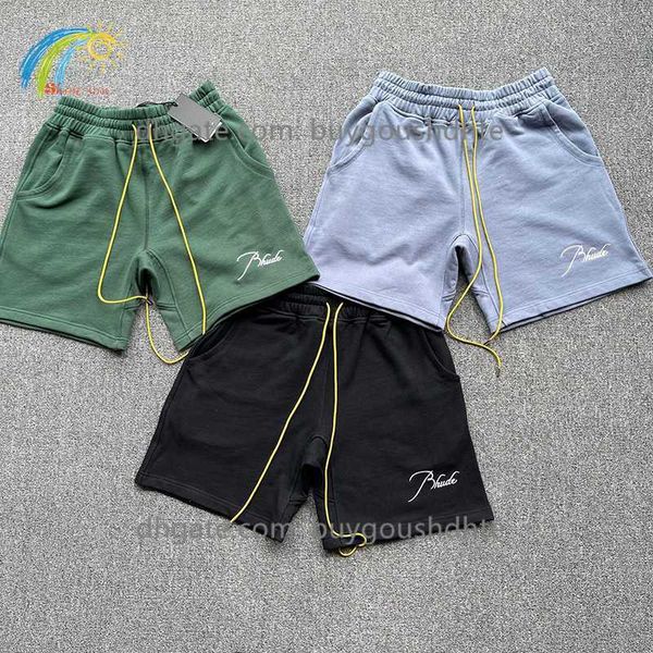 

black sky blue green rhude casual shorts men women 1 heavy fabric cotton cursive embroidery rhude breeches with tags, White;black
