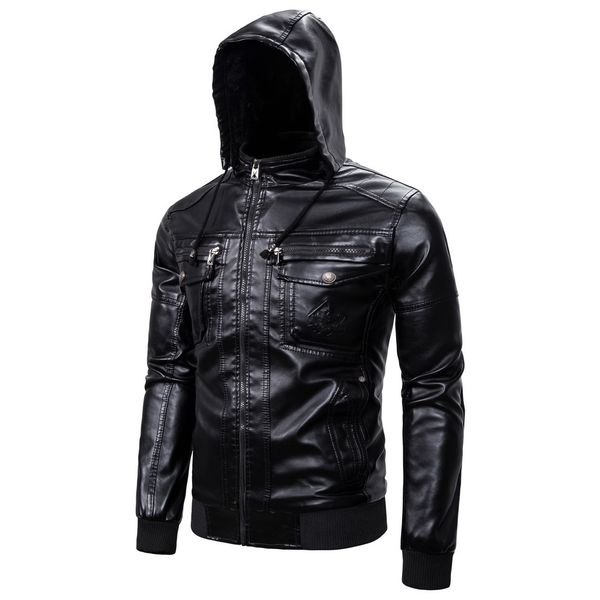 

Autumn casual black plus size fleece hooded biker jacket leather men