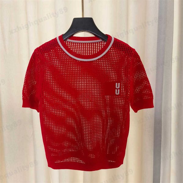 

miu designer tshirts knitting t shirt women short sleeves tshirt purple round neck letter embroidery hollow out casual tees designer clothes, White
