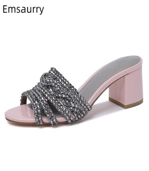 

slipper crystal diamond square heel shoes woman stone grain gladiator mules for women plus big size y2004234308282, Black