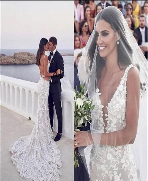 

2020 backless mermaid beach wedding dresses deep vneck 3d lace applique sweep trumpet steven khalil garden bridal wedding dr6632206, White