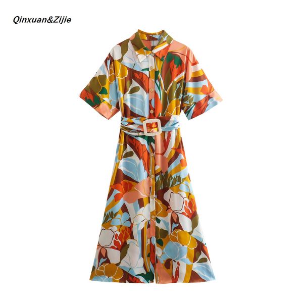 

dresses 2022 new vintage print dress for women turn down collar half sleeve high waist belt colorblock midi dresses female clothes, Black;gray