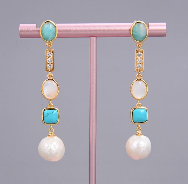 

guaiguai jewelry white keshi pearl shell blue turquoise amazonite drop stud earrings handmade for women real gems stone lady fashi9899157, Silver