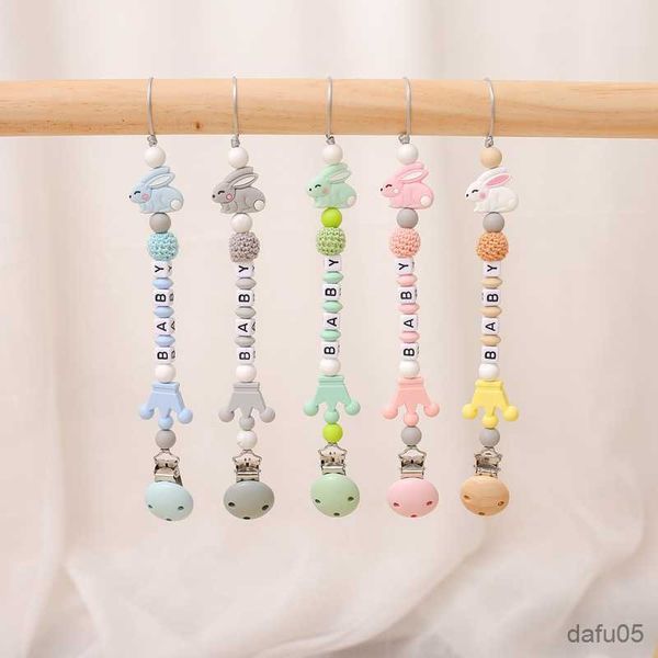 

pacifiers# 1pcs silicone personalised name baby pacifier clips crochet beads silicone crown rabbit pacifier chain holder baby gift