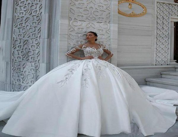 

2022 plus size arabic aso ebi luxurious lace beaded wedding dress sheer neck long sleeves satin bridal gowns dresses zj6309383270, White
