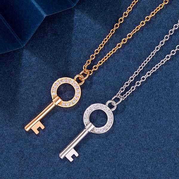 

high-quality s925 sterling silver round diamond key necklace female 18k rose gold tiffayffay light luxury premium simple chain, Golden;silver