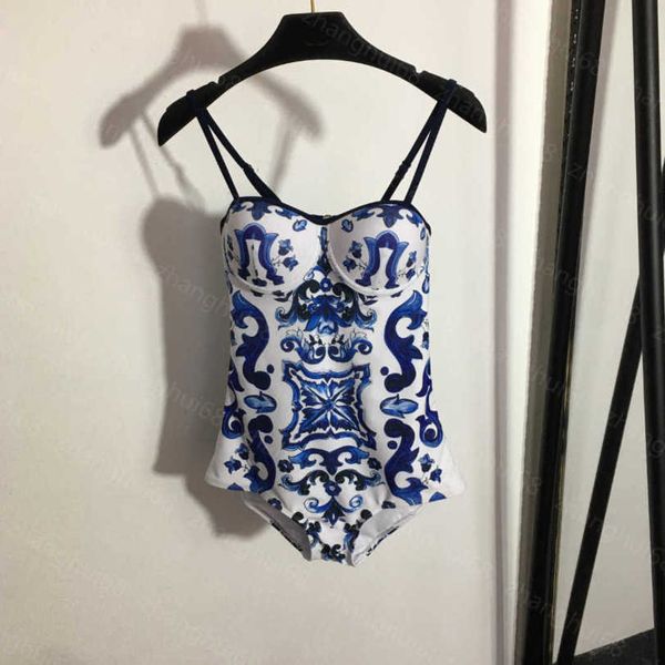 

23ss bikini swimwear womens swimwear womens bikini designer bathing suit blue and white porcelain printed suspender one-piece swimsuit women, White;black