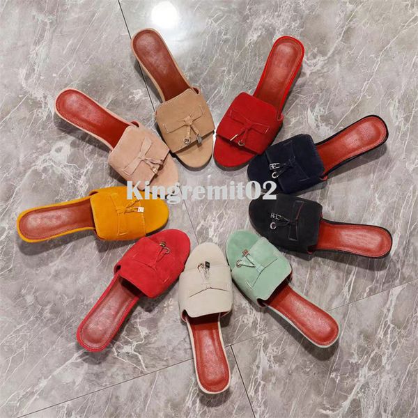 

designer sandals lp womens slippers classic buckle round toes flat heel mules loafers summer beach sandal, Black