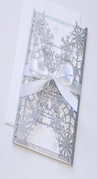 

luxury silver wedding invitation snowflake laser cut invitation elegant hollow wedding party invitations with white bow 9309027, Black