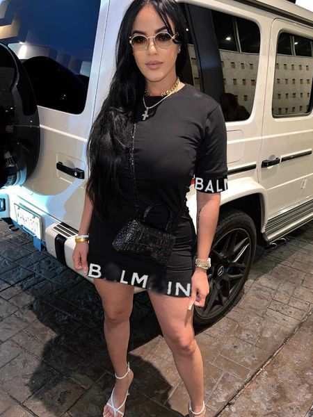 

plus size 2023 women dress letter printed designer short sleeve slim fit wrap hip dress for women, Black;gray