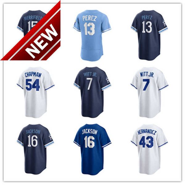 

kansas city custom royals jersey 7 bobby witt jr. 13 salvador perez 16 bo jackson 54 aroldis chapman 15 whit merrifield 38 josh taylor 19 mi, Blue;black