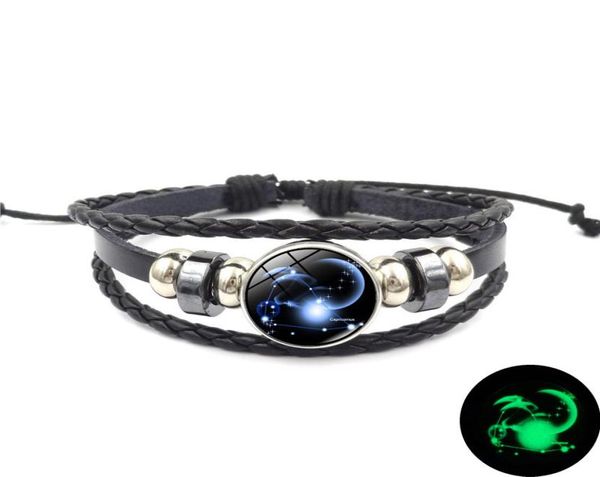 

glow in the dark 12 zodiac sign leather bracelet 18mm ginger snap button charm for women men fashion jewelry3520641, Golden;silver