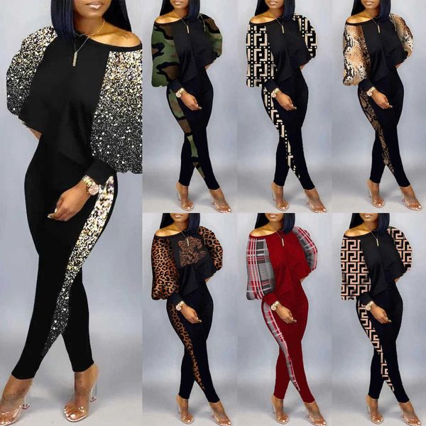 

women printed pants outfits stitching contrast crop leggings suit 2 piece matching sets plus size clothes, White