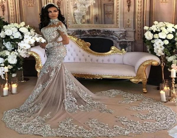 

elegant dubai arabic luxury sparkly wedding dresses bling beaded lace applique high neck illusion long sleeves mermaid bridal7888926, White