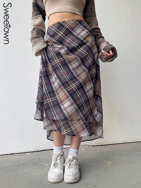 

dresses sweetown stripe plaid chiffon y2k long skirts for women 2023 two layers low waist preppy skirt summer vacation kawaii clothes, Black;gray