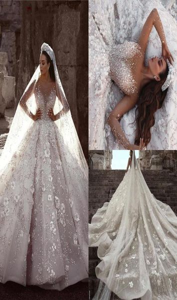 

luxurious princess ball gown wedding dresses shiny sequins v neck long sleeve strapless lace sequins 3d flowers beaded long length8196411, White