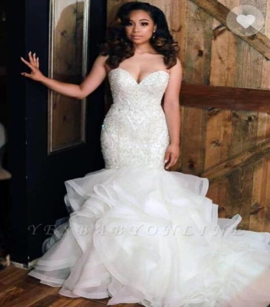 

african sweetheart organza mermaid wedding dresses bead stones layered ruffles plus size wedding bridal gowns robe de mariee b1938058, White