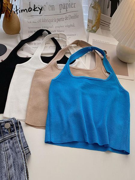 

t-shirt yitimoky halter neck tank women halter crop 2022 summer knitted casual streetwear y2k cami women clothing black, White