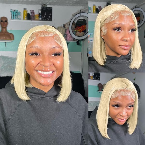 

13x4 613 honey blonde color lace front human hair bob wigs for women transparent brazilian remy straight short bob frontal wig, Black;brown