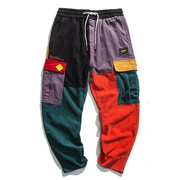 

pants april momo 2022 ins men corduroy hip pop pencil pants trousers male casual fashion loose style patchwork streetwear pants men, Black