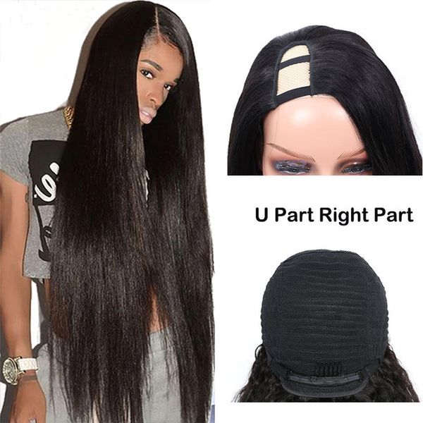 

straight u part wig 180% density natural brazilian human hair long straight wigs non lace for black women 30 inch 12a, Black;brown